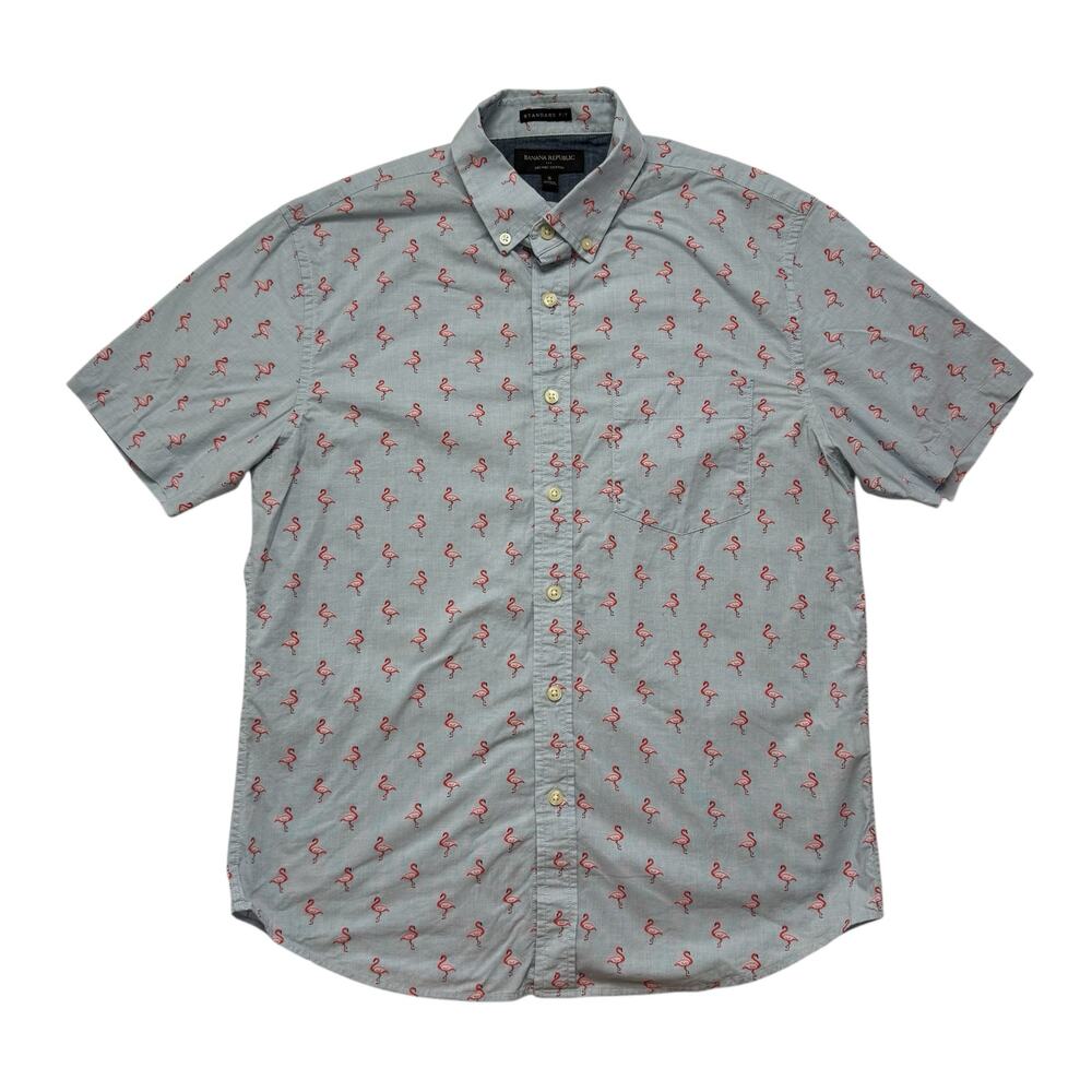 BANANA REPUBLIC Flamingo Print Blue Standard Fit Organic Cotton Shirt Small Mens